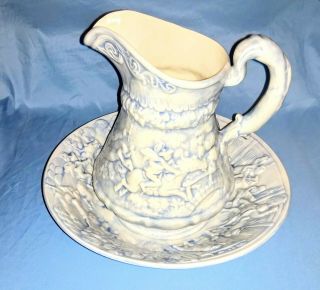 Vintage Blue And White Large Wash Bowl And Pitcher