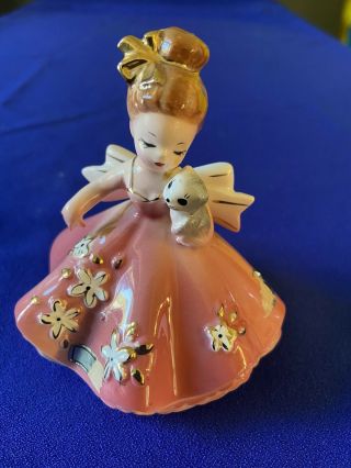 Vintage Josef Originals July Doll / Figurine - Pink Dress With Flowers & Kitten