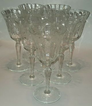 8 Vintage Crystal Ribbed Optic Etched Floral Wine Water Goblets 7.  5 "