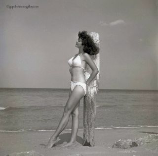 Bunny Yeager 1950s Camera Pin - Up Negative Photograph Smiling Brunette In Bikini