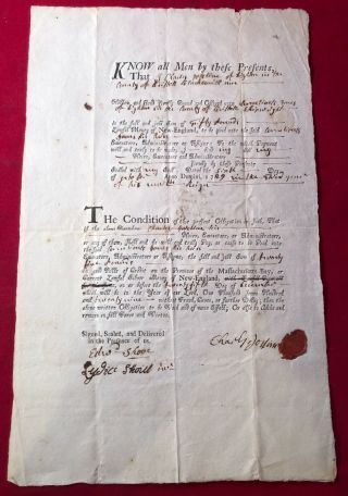Rare 1729 Massachusetts Bay Colony Legal Indenture Handwritten Contract