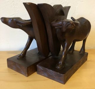 Vintage Ox Bookends Wood Carved Hand Made Heavy 1950 ' s 2