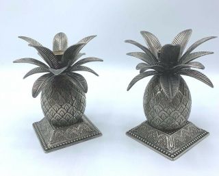 Vintage Pair Godinger Pineapple Tropical Palm Candle Stick Holders Silver Plate