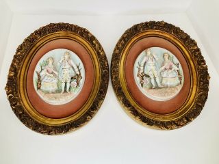 2 Vintage Framed Porcelain Relief Couples Cameo On Velvet No Markings Read
