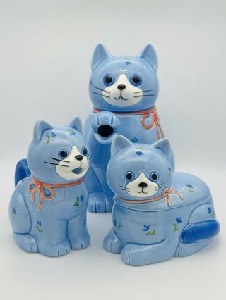 Vintage Otagiri Blue Cat Tea Pot & Creamer And Sugar Bowls Hand Crafted In Japan
