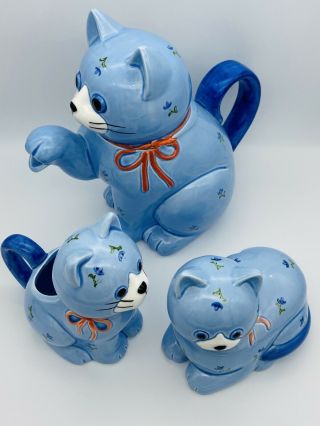 Vintage Otagiri Blue cat Tea pot & creamer and sugar bowls hand crafted in Japan 2