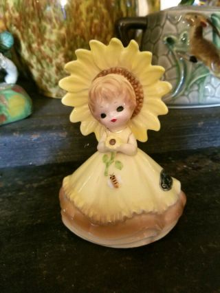 Vintage Josef Originals - Girl In Yellow With Sunflower And A Bee On Dress