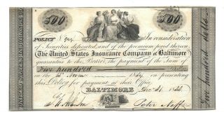 U.  S.  Insurance Company Of Baltimore 1833 Certificate Of Deposit For $500.  00