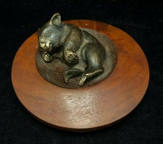 Vintage Bronze And Wood Mouse Paperweight - Signed Nat Wood Red Farm (md)