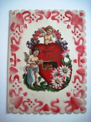 1912 Valentine Card W/ Adorable Die Cut On Front W/ Cupids Feeding A Fire