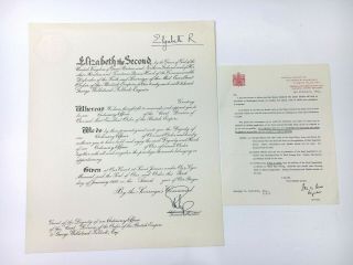 1954 Queen Elizabeth Ii Obe Certificate & Investiture Letter