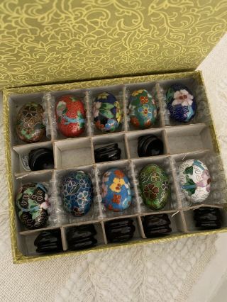 10 Vintage CloisonnÉ Eggs Enameled Floral With Stand