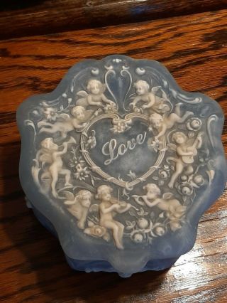 Vintage Incolay Blue Stone Jewelry Box " Love " Cherub/angels