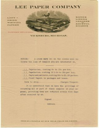 Early 1900’s Lee Paper Company Letterhead Vicksburg Mi Papeteries Stock Samples