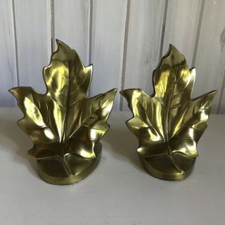 Vintage Brass Maple Leaf Bookends Heavy 7”x5.  5”