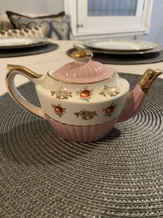 Antique Gibsons Staffordshire England Gold Trimmed Pink White Floral Teapot