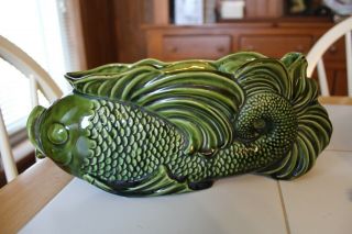 Vtg Green Art Pottery Ceramic Koi Fish Planter 11 " L 4 1/4 " H Lake Beach House