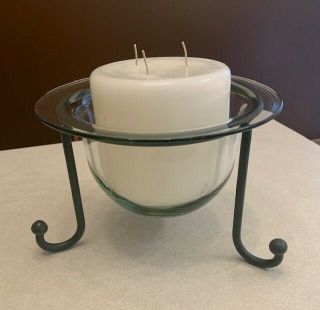 Partylite Seville Wrought Iron (green) Candle Holder W/glass Bowl & 3 - Wick Candle