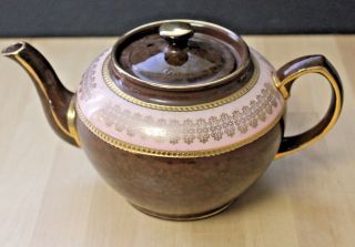 Vintage Sadler Staffordshire England Brown & Pink Gold Trim Teapot Kettle 2427