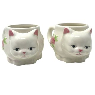 Vintage White Ceramic Kitty Cat Mug Cup Pink Flowers Coffee Tea Bag Holder Set