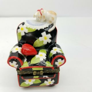 Mary Engelbreit Porcelain Hinged Trinket Box Floral Chair Heart Cat Like Limoges