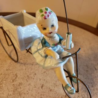 Very Rare Vintage Figurine Girl On Bike With Parasol & Cart.