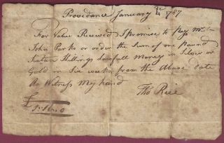 Colonial Era Manuscript Document,  Providence,  Promissory Note,  1787