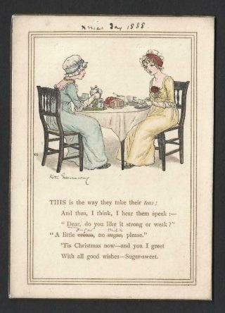 U14 - Girls Taking Tea - Kate Greenaway - Goodall - 1888 - Victorian Xmas Card