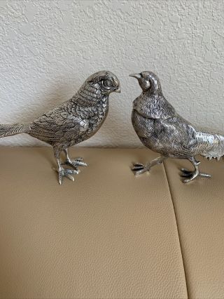 Vintage Lacquered E.  P.  N.  S.  Pair Pheasant Birds Made In India Heavy Silver Plated