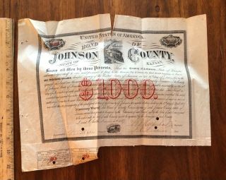 1869 Bond Certificate Johnson County Kansas Ks Santa Fe Railroad Co Train $1000