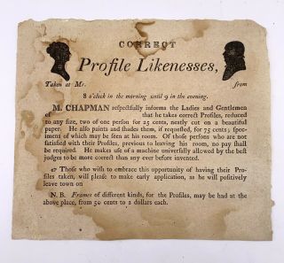 Rare 19th C.  Advertisement For Itinerant Silhouette Artist Moses Chapman