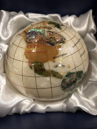 Vintage 3” Paperweight World/earth/globe Inlaid Semi - Precious Stones
