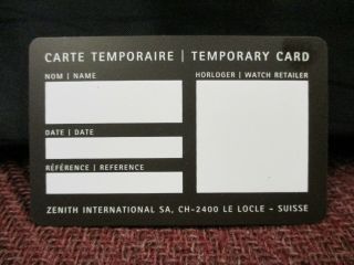 Open Blank ZENITH Swiss Watch Temporary Card / Carte Temporaire - Old - Stock 2
