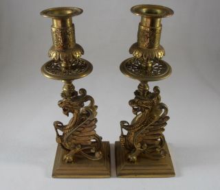 Pair Antique Vintage Brass Griffin Dragon Candlestick Candle Holder