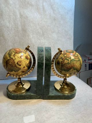 Vintage Brass And Marble Globe Book Ends - Spins Old World Design