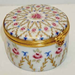 Limoges Castel France Porcelain Hinged Round Trinket Box W/pink Roses & Gold
