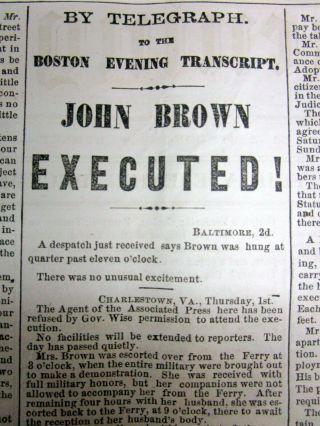 4 1859 Newspapers Execution Of John Brown By Hanging Charles Town West Virginia