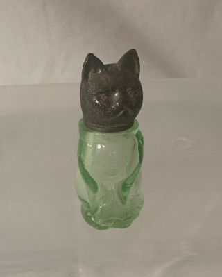 Rare Vintage Cat Green Depression Salt Shaker Glass Metal Head 2 1/2”