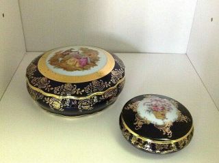 Antique Set Of Two Limoges France Cobalt & Gold Round Lidded Trinket Boxes