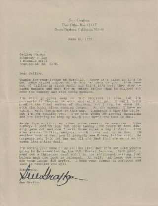 Sue Grafton Signed Full Page Typed Letter From 1997 Discussing " N Is For Noose "