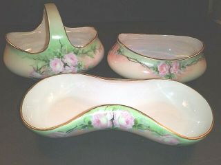 Set Of 3 Theodore Haviland Limoges Pink Roses Basket And Trinket Dishes