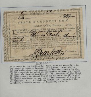 1792 State Of Connecticut Treasury Note Signed By Peter Colt,  Continental Army