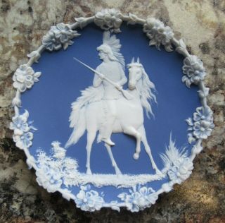 Antique 6in.  Wedgewood Blue Jasperware Native American Indian Chief Plaque