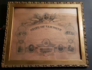 Antique State Of Vermont Framed Post - Civil War Historical Presentation Document