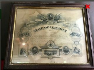 Antique State Of Vermont Framed Post - Civil War Historical Presentation Document