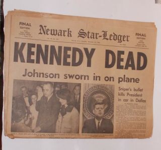 Newspaper Kennedy Dead Newark Star - Ledger Nov 23 1963 As Found.