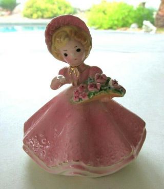 Josef Originals Vintage Doll Of The Month May Girl W/flower Pink Dress Figurine