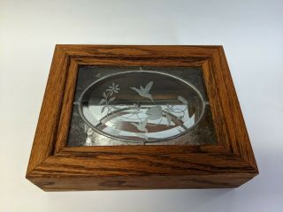 Trinket Jewelry Keepsake Box Oak Wood Mirror Bottom Etched Hummingbird Glass Top