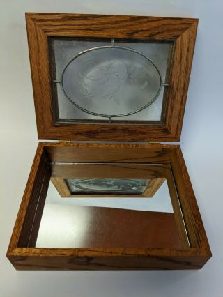 Trinket Jewelry Keepsake Box Oak Wood Mirror Bottom Etched Hummingbird Glass Top 2