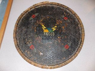 Antique Native Hand Woven Basket Tray 18 " Diameter Pitch Covered & Painted